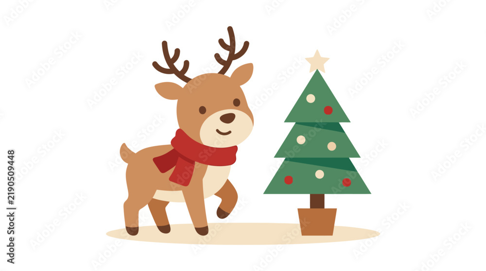 Naklejka premium Cute Cartoon Reindeer Standing Next to a Decorated Christmas Tree Illustration