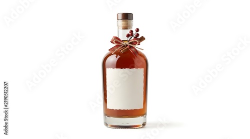A bottle of rose wine with a decorative ribbon tied around the neck on a white background
