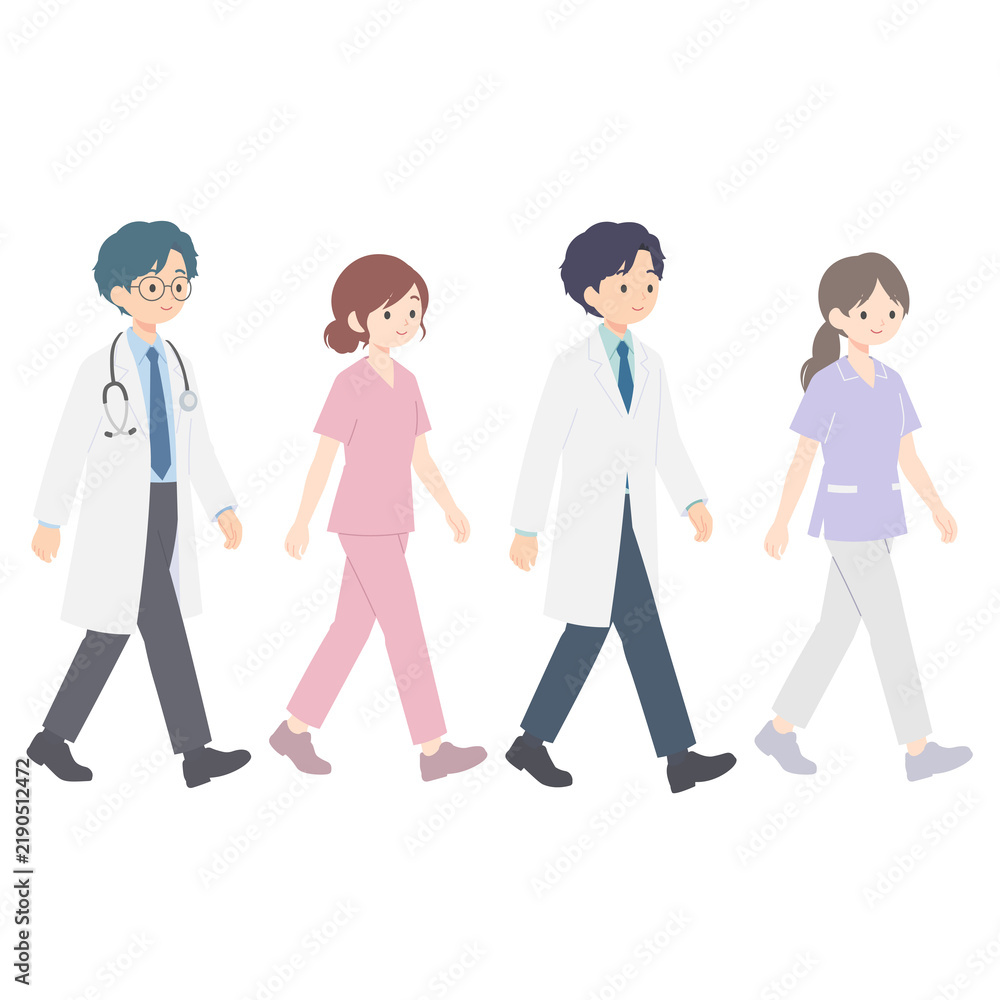 Obraz premium 医療チームのイラスト。医師、看護師、薬剤師、歯科衛生士が並んで立つフラットベクターイラスト。白衣やスクラブを着た多様な医療従事者たちが歩いている。病院やクリニックのスタッフをイメージしたキャラクターセット。