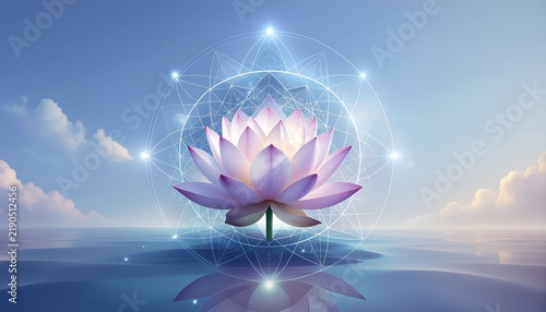 A serene scene depicting a luminous lotus flower floating over a tranquil water surface under a bright sky with soft clouds creating a peaceful and harmonious atmosphere perfect for wellness and