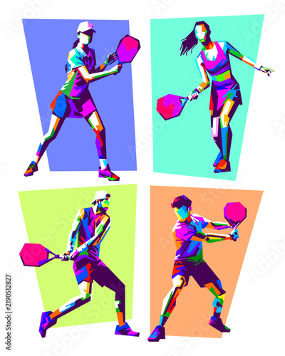 Collection of vibrant vector illustrations of padel tennis players in various action poses in WPAP pop art style featuring colorful geometric designs.