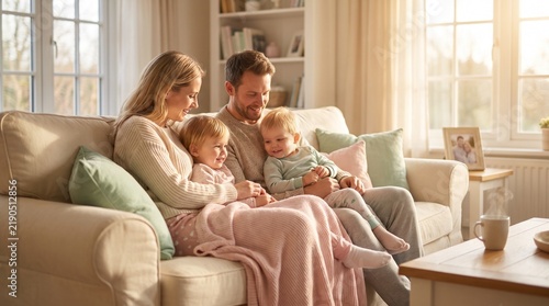 Happy family sitting together on sofa in bright living room