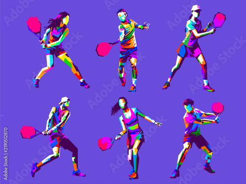 Collection of vibrant vector illustrations of padel tennis players in various action poses in WPAP pop art style featuring colorful geometric designs.