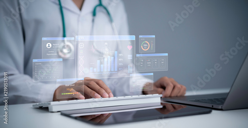 Advanced healthcare technology concept showing doctor using digital patient dashboard with AI analytics risk assessment and medical data for smart diagnosis clinical decision support and patient care