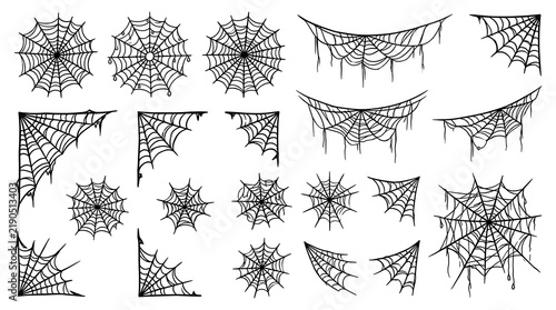 Collection of hand drawn spider web elements isolated on white background for spooky halloween projects