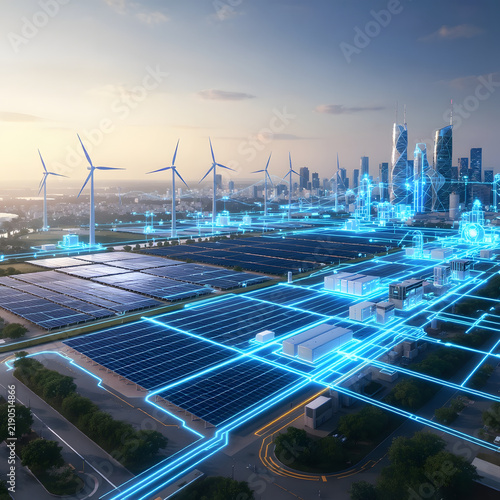 Futuristic smart grid technology with solar panel farm wind turbines and digital energy network connected to city skyline concept