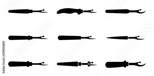 Black seam ripper tool silhouettes, sewing craft and tailoring