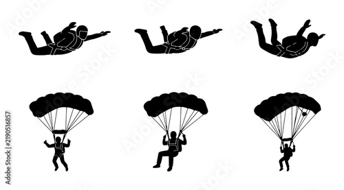 фотографія Black skydiving silhouettes, freefall and parachute descent, sport