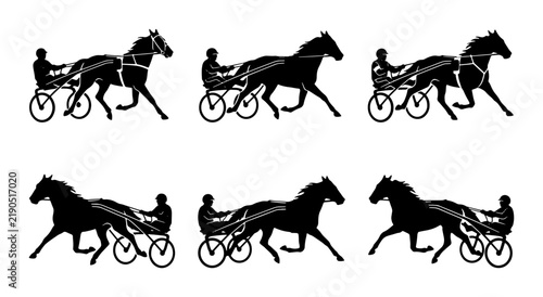 Принти на полотні Black horse and sulky silhouettes, set for trotting race background