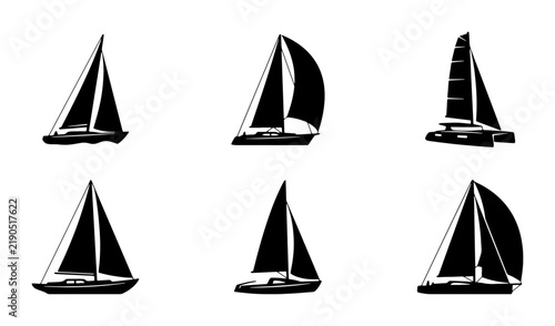Black and white sailboat icons, nautical transport graphics, set of