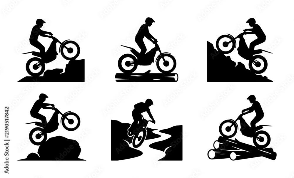 Obraz premium Black silhouettes of motorcyclists performing extreme stunts on bikes