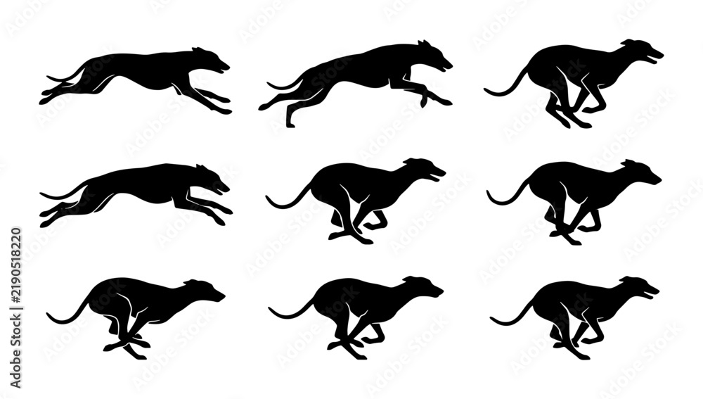 Fototapeta premium Black greyhound dog silhouettes running, animation sequence, graphic