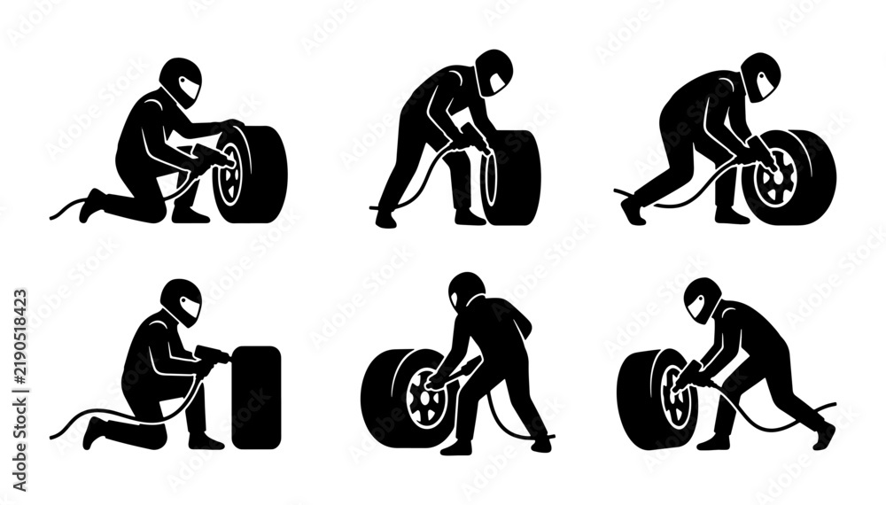 Fototapeta premium Black racing pit crew icons, tire change and service set, graphic