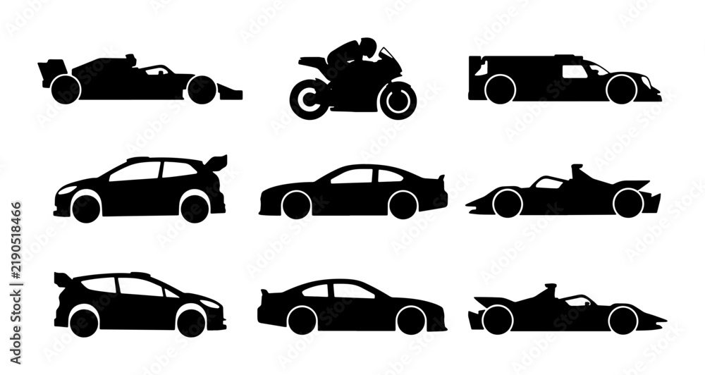 Obraz premium Black vehicle silhouettes collection, sports cars and motorcycle