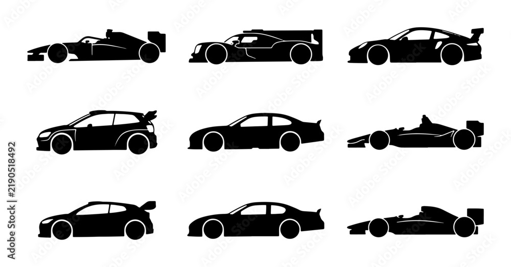 Obraz premium Black silhouettes of various sports cars and racing vehicles, set