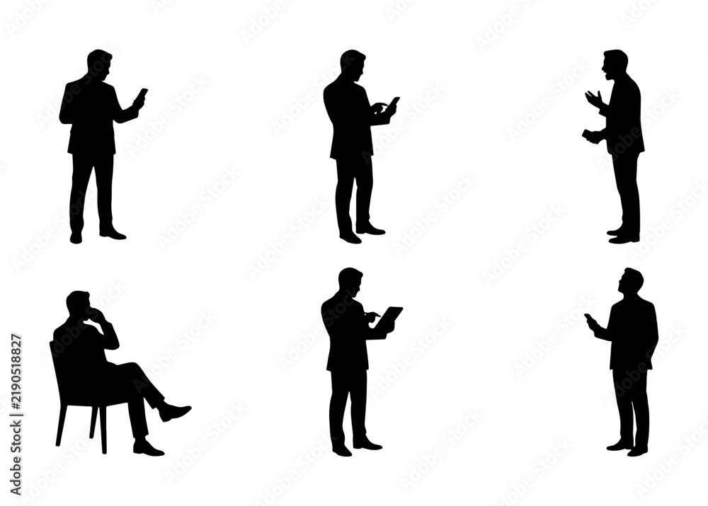Obraz premium Black silhouettes of men in suits using mobile devices and talking