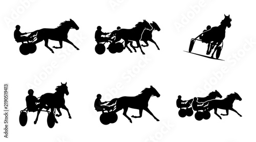 Принти на полотні Black horse racing silhouettes, trotting harness racing action