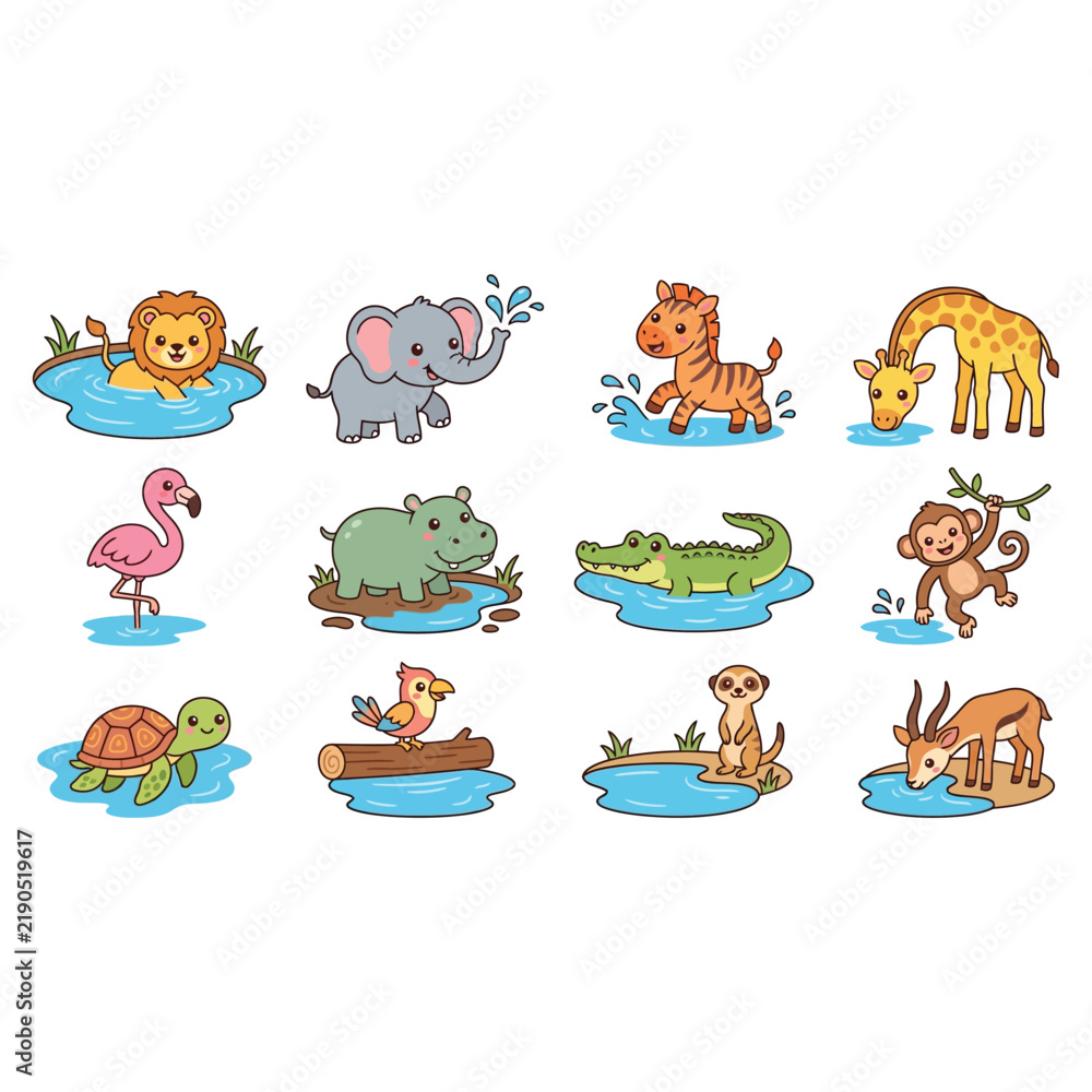 Obraz premium Colorful cartoon animals swimming in a tropical underwater scene.