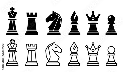 Bild auf Leinwand Modern Geometric Chess Piece Icon Collection – Abstract Outline and Solid Vector