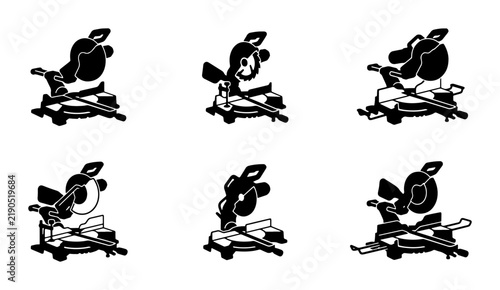Black miter saw silhouettes, graphic icons, construction and workshop