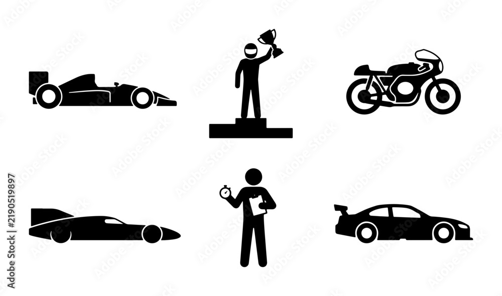 Obraz premium Black racing cars and motorcycle icons with winner and timekeeper