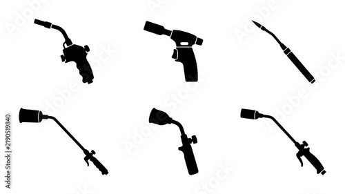 Foto Black blow torch icons, welding and brazing tools, industrial graphic