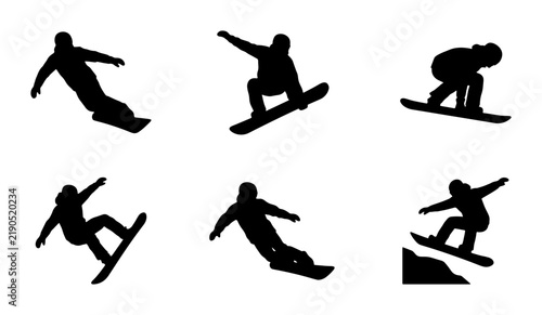 Black snowboarder silhouettes on white background, dynamic action