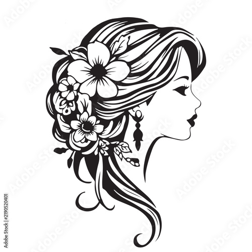Beautiful Woman Profile Line Art Vector with Floral Hair Accessories