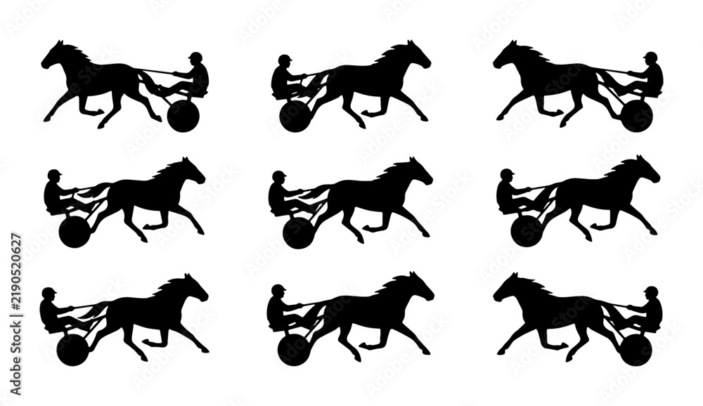 Fototapeta premium Black horse and sulky silhouettes, harness racing action, graphic