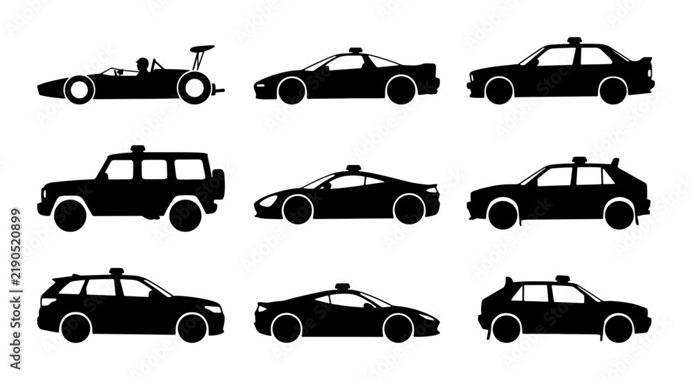 Obraz premium Black various car silhouettes on white background, collection of