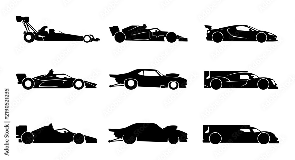 Obraz premium Black racing car silhouettes, set of sports vehicles for automotive