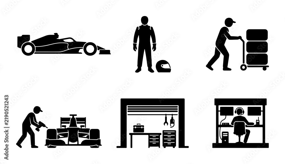 Obraz premium Black and white racing icons, motorsport, pit stop, driver, pit crew