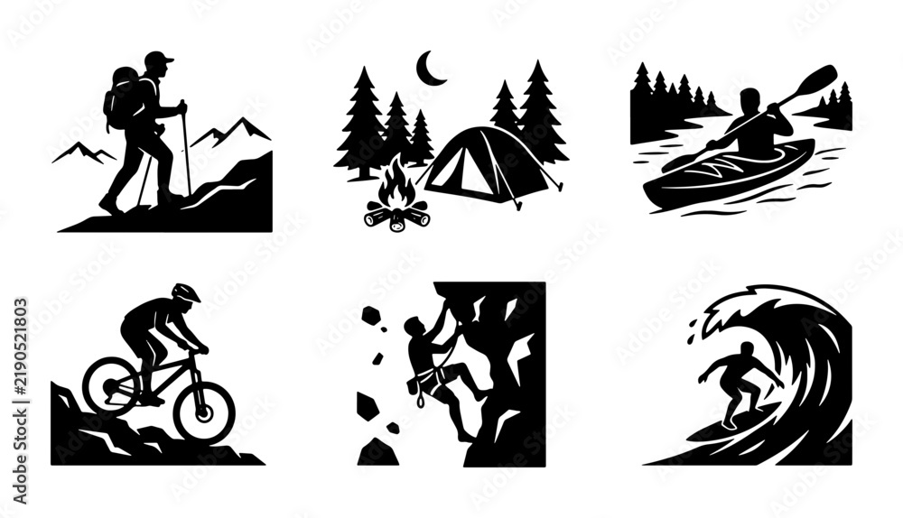 Fototapeta premium Black and white outdoor adventure icons, hiking, camping, kayaking