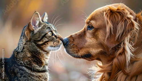 Tabby cat and brown dog touching noses affectionately, interspecies friendship concept