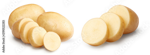 sliced raw potato isolated on white background. clipping path