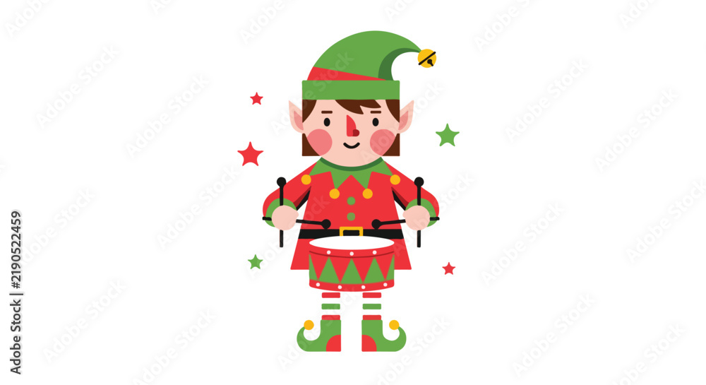 Fototapeta premium Cute Cartoon Christmas Elf Playing Drum Vector Illustration.
