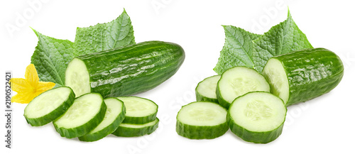 cucumber with slices and green leaves isolated on white background. clipping path