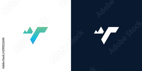 Modern T Letter Logo Design Featuring Minimalist Geometric Mountain Peaks with Gradient Blue and Green Professional Branding Identity