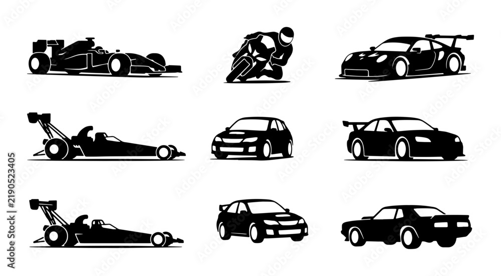 Obraz premium Black car and motorcycle silhouettes, racing and transport icons