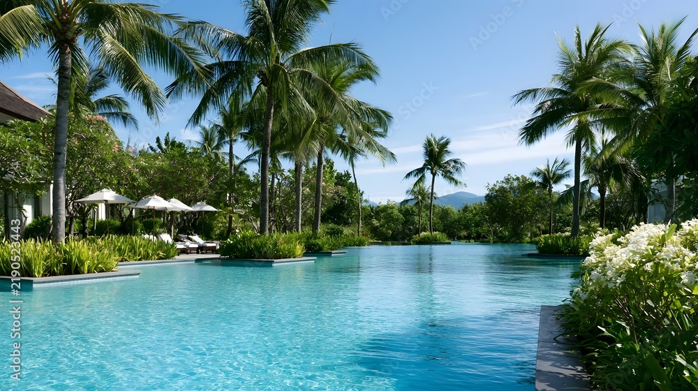 Obraz premium A serene tropical resort pool surrounded by lush palm trees and vibrant greenery under a clear blue sky