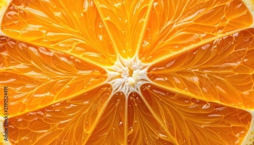 Juicy orange slice viewed from above, detailed citrus pulp and fresh peel