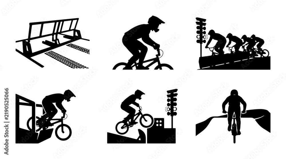 Obraz premium Black silhouette BMX racing icons, cyclists on track and start gate