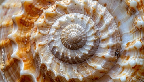 Detailed whelk seashell with ridged spiral surface and natural marine texture
