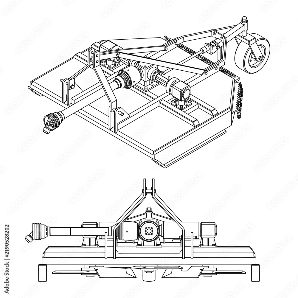Fototapeta premium Technical line drawing illustration of a rotary cutter agricultural implement.