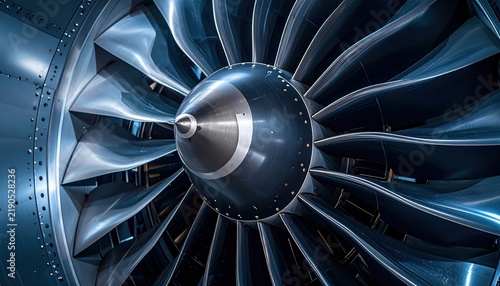 Aircraft jet engine with detailed fan blades, professional aerospace engineering photography
