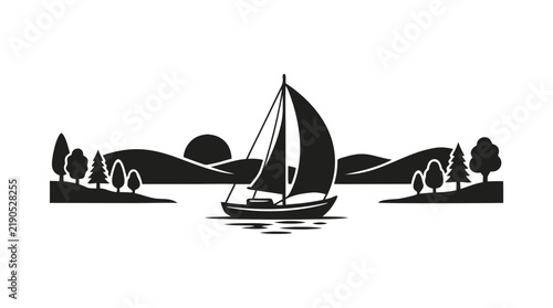 Black silhouette vector illustration of a sailboat on calm water passing through a landscape with hills, trees, and the sun