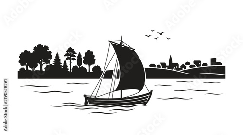 Black silhouette vector illustration of a sailboat navigating on water with a distant shoreline, trees, and a town skyline