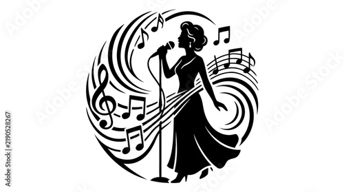 Black silhouette vector illustration of a female singer performing with a microphone surrounded by musical notes and swirling lines in a circular composition