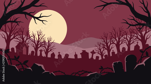 Konstfotografi A spooky halloween background vector featuring a dark graveyard scene under a fu
