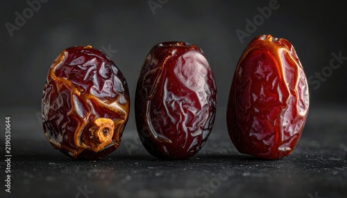 Three fresh Medjool dates arranged naturally against a dark background